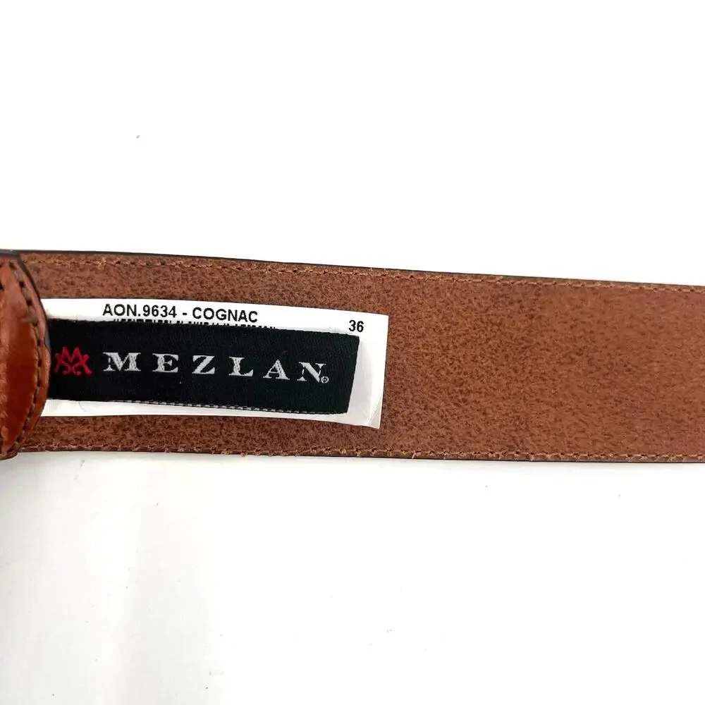 Mezlan men’s leather pewter square buckle cognac belt